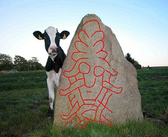 The Sjellebro Mask Stone with lines drawn in red chalk.