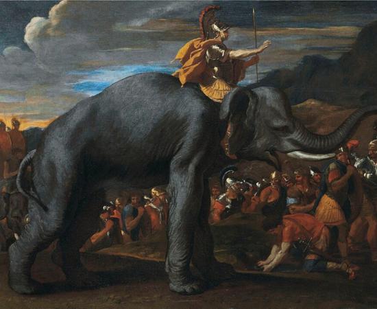Hannibal crossing the Alps on an elephant, painted by Nicolas Poussin.