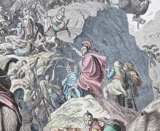 Detail depicting of the famous crossing of the Alps by Hannibal’s elephants. Hannibal's Crossing of the Alps by Heinrich Leutemann. Source: Public domain