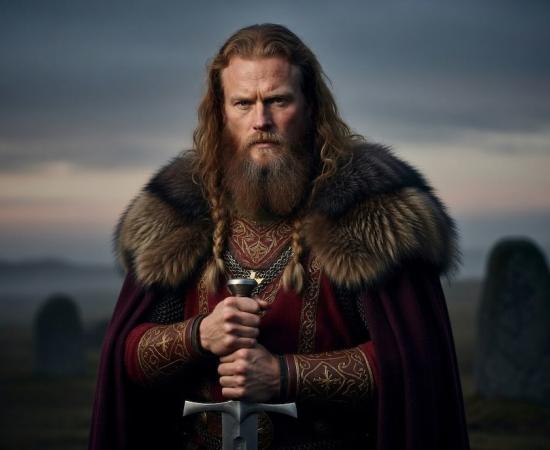 King Harald Bluetooth stands powerfully in the misty twilight, gripping a large Viking sword with both hands, its point resting downward.