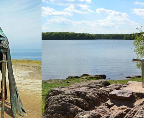 King Arthur monument in Tintagel, Cornwall.(left), Excalibur in Brocéliande Forest, Brittany, France.(right)