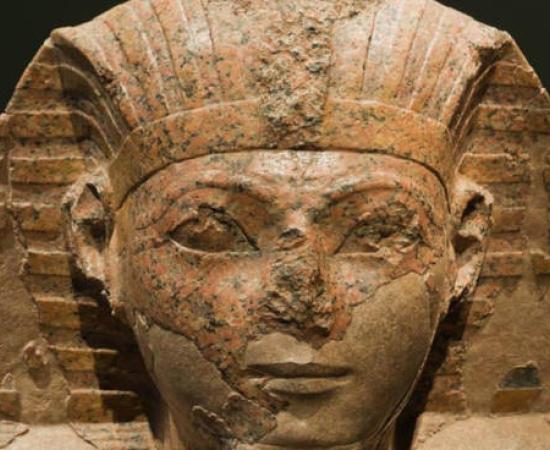 Damaged face of Pharaoh Hatshepsut statue.