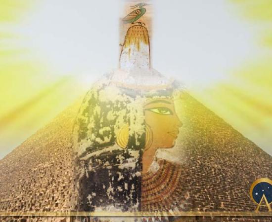 An Egyptian woman wearing a mysterious wax head cone, which is morphing 2) into the benben stone, atop which sits 3) the bennu bird, symbol of resurrection, all set before 4) the Great Pyramid, the architectural climax of mound expressionism, behind which rises 5) the morning sun, called weben by the Egyptians. This rhymed with benben, and provided an important linkage between the rising of the primeval mound and the solar disc. (Image: Design by Jonathon Perrin)