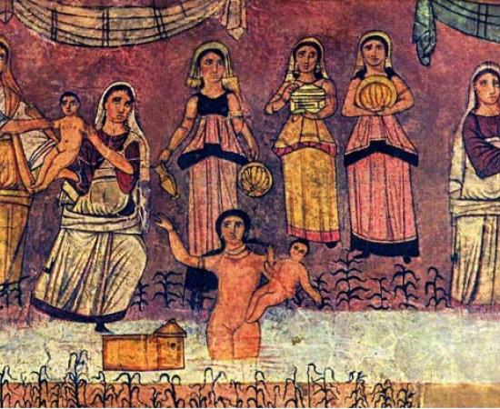 Hellenistic Jewish synagogue fresco Moses being taken from the river Nile. 	Source: Public Domain