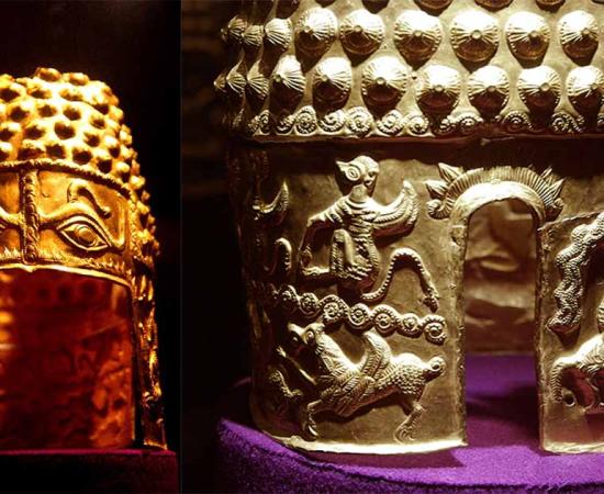 Left: front view of the Helmet of Coțofenești Right: Side view of the mythological creatures on the helmet.      Source: Left: National Museum of Romanian History, GFDL Right: © Radu Oltean / Wikimedia Commons