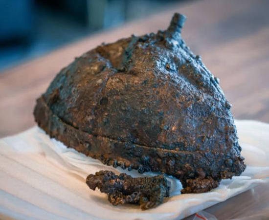 Medieval helmet and section of ring mail found at Rustavi fortress, Georgia.