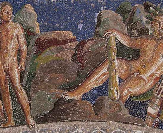 Hercules and Iolaus, Fountain mosaic from the Anzio Nymphaeum, Museo Nazionale Romano, Palazzo Massimo alle Terme, Rome. (Public Domain)