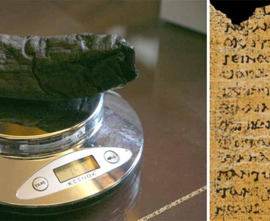 Left; One of the Herculaneum scrolls that are being deciphered. Right; Text from the Herculaneum scroll          Source: Vesuvius Challenge