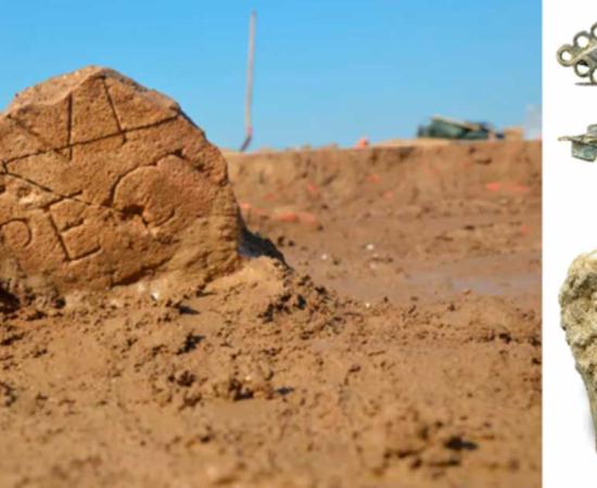 Relief inscription fragment, God statue and cloak pin found at the extensive Herwen-Hemeling Roman sanctuary site. Source: RAAP