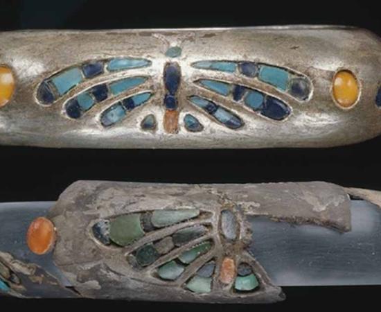 Bottom, a Hetepheres bracelet in the Museum of Fine Arts, Boston, MFA 47.1700. Top, an electrotype reproduction made in 1947, MFA 52.1837 (Harvard University—Boston Museum of Fine Arts Expedition)		Source: © April 2023 Museum of Fine Arts, Boston/ Journal of Archaeological Science