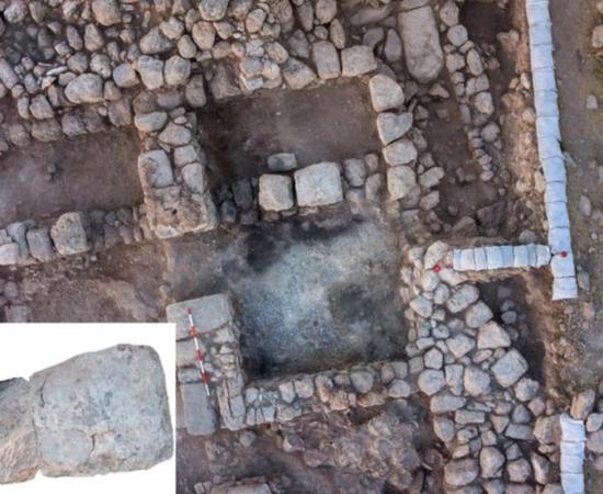 Aerial view of Room 101B after the completion of excavations with the big stones left in situ. Inset: the two surviving fragments of the standing stone, digitally rejoined