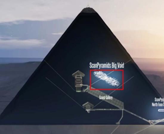 New research looking at the density of particles called muons has found an empty space (shown in this illustration) more than 98 feet (30 meters) long right above the pyramid's Grand Gallery. 