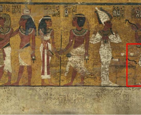 Scans of the north wall of King Tutankhamun's burial chamber have revealed features beneath the intricately decorated plaster (highlighted) a researcher believes may be a hidden door, possibly to the burial chamber of Nefertiti. 