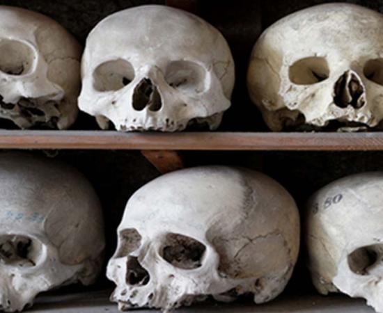 Skulls and bones are piled high at the charnel house Rothwell, Northamptonshire, England. 
