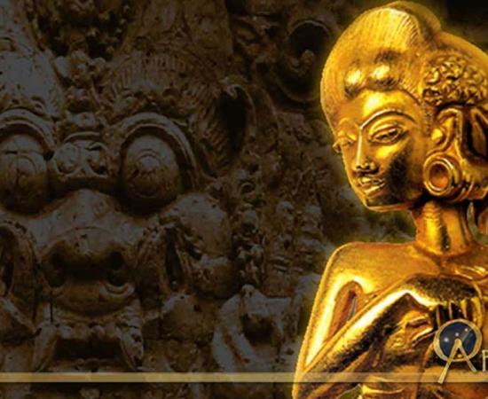 Golden Celestial Nymph of Majapahit (CC BY-SA 3.0), and carved relief of a bulging-eyed figure on a temple in Trowulan, suggested site of the capital city of the Majapahit Empire (CC BY-SA 3.0), Deriv.