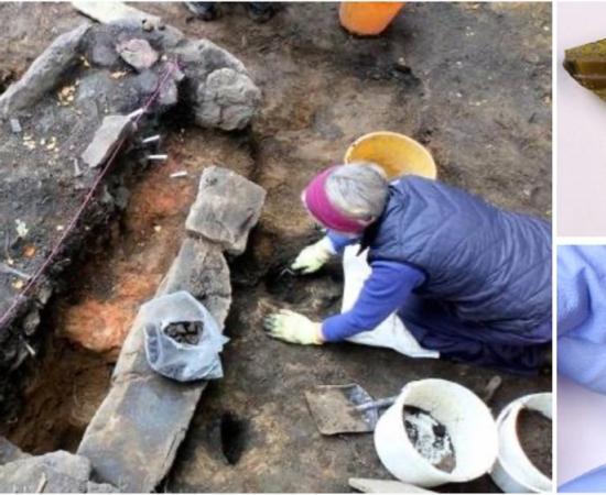Left: Archaeologists at the Pictish King's Seat Hillfort last year. Right top: A fragment of Anglo-Saxon drinking vessel. Right bottom: A decorated spindle whorl, which was used in textile production.       Source: AOC Archaeology Ltd / Perth and Kinross Heritage Trust