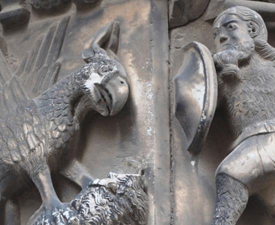Guifré el Pilós (Wilfred the Hairy), Founder of Catalonia, Slaying a Dragon. Cathedral of Barcelona. Spain.