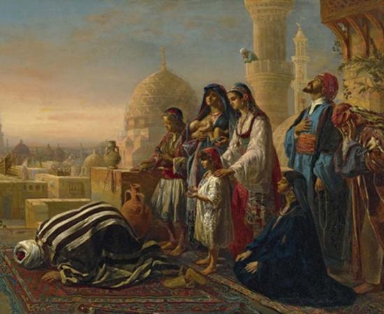 9th century painting of Jean Baptist Huysmans showing an Islamic Egyptian family during an evening prayer.