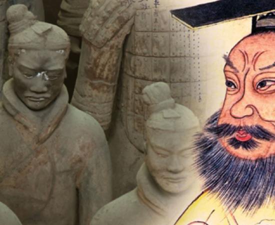 Terra Cotta Soldiers (CC BY 2.0), and Qin Shi Huang in a 19th century portrait (Public Domain);Deriv.