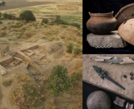 Left: The excavation site at Zincirli, southern Turkey. (Lucas Stephens)Top Right: Baking and cooking pots and trays found at Zincirli, including a ceramic pot with soot still left on the bottom from when it was last used (left). Bottom Right: Items found at Zincirli include bronze needles stored in a bone case (top left), a bronze figurine of a goddess (left), and animal knucklebones often used as dice (bottom). (Roberto Ceccacci)