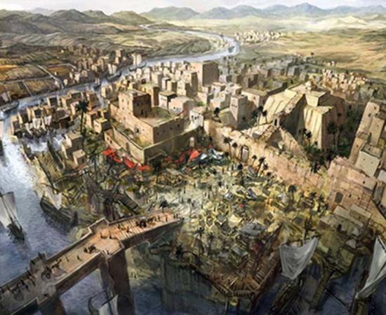 Illustration of an ancient city in Mesopotamia.