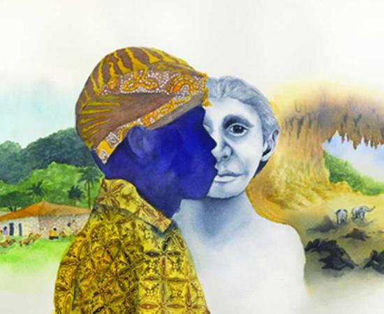 In this illustration, the modern pygmy village, Rampasasa, is shown at left; in the center, a modern Rampasasa pygmy wearing the traditional head covering and clothing is juxtaposed against the face of a Homo floresiensis reconstruction; at right, pygmy elephants play in the Liang Bua cave where theH. floresiensis fossils were discovered in 2004. 