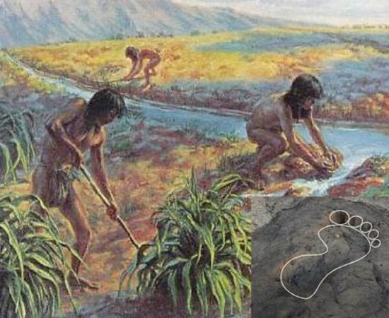 Hohokam people working in gardens with irrigation canals. Outline showing one of the footprints found at the site in Tucson, Arizona. 