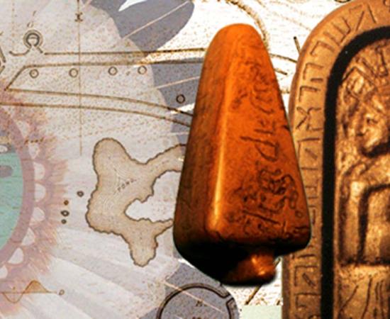 The Decalogue, The Keystone, and a 19th century plan of the Newark Earthworks, and Tawa, the sun spirit and creator in Hopi mythology.