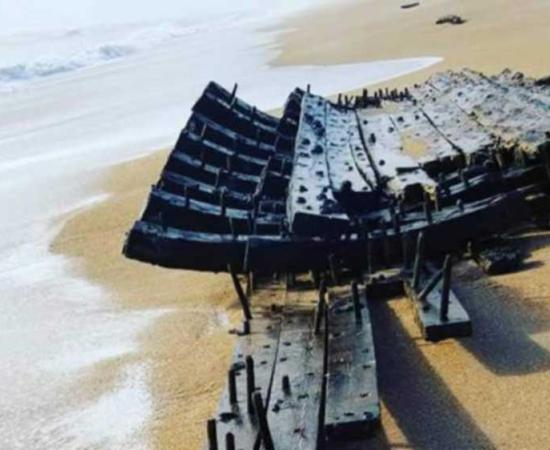 The well-preserved remains of a shipwreck on a Florida beach. 