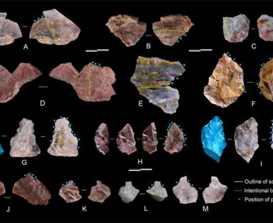 Worked “Mode 2” tools from the site with intentional breakage points which point to this sophisticated tool production process arriving in East Asia 300,000 years earlier than previously thought. Source: IVPP / SciTechDaily.