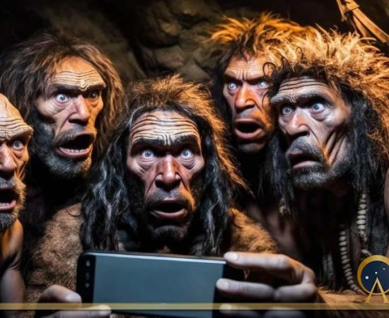 Cavemen puzzled by a mobile phone  ( Blue Planet Studio/Adobe Stock)