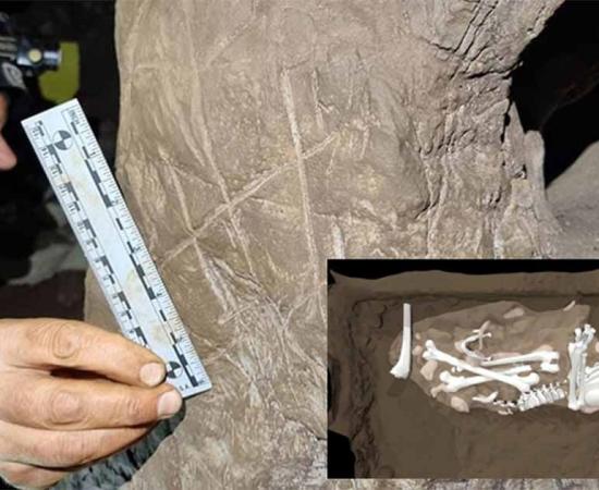 Dr Lee Berger with hashtag carving in Rising Star cave system. Insert; Possible Homo naledi burial pit. 	Source: © Berger et al., 2023
