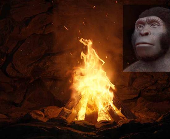 Researchers have found evidence in South Africa that Homo naledi used controlled fire within caves. Insert: Homo naledi facial reconstruction.  Source: Brilliant Eye / Adobe Stock, Insert; Cicero Moraes (Arc-Team) et alii, CC BY 4.0