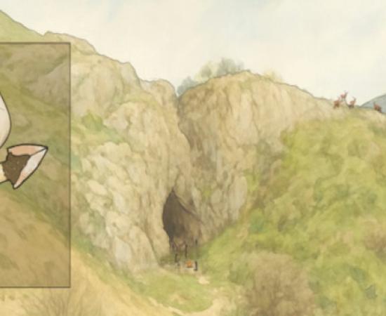 Artistic representation of Obi-Rakhmat rock shelter in Uzbekistan, micro-point hafting and main game hunted around the site 80,000 years ago