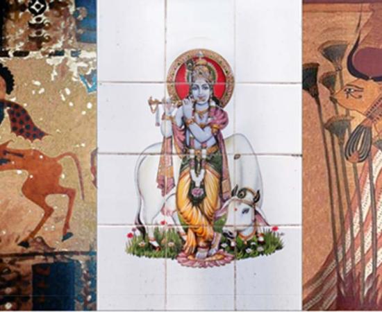 A Pazyryk horseman from the Asian steppe in a felt painting from a burial around 300 BC. (Public Domain). Krishna with cow. (CC BY 2.0) Hathor as a cow, Papyrus of Ani (Public Domain)