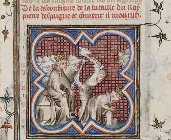 Henry supervising the beheading of his rival Peter, thus firmly establishing the House of Trastámara that was a blend of the powerful kingdoms of Castile and Aragon, who eventually overthrew the Muslims in Granada. A manuscript page from the Grandes Chroniques de France. Source: Public domain