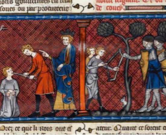 Detail of a two-part miniature of the punishment for a blasphemer, and of children being caught in a forest at Coucy. Image taken from f. 420v of Chroniques de France ou de St Denis.