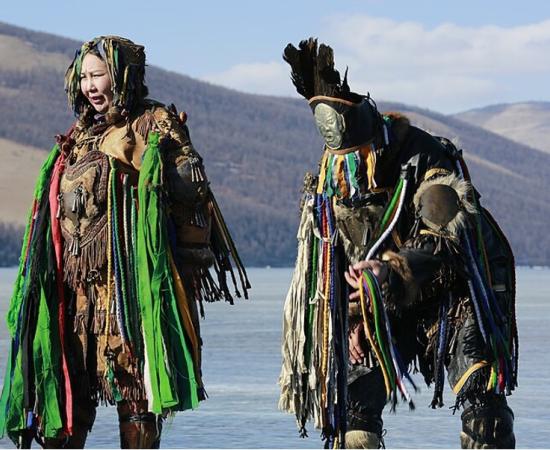 Mongol shamans dressed for a ritual.