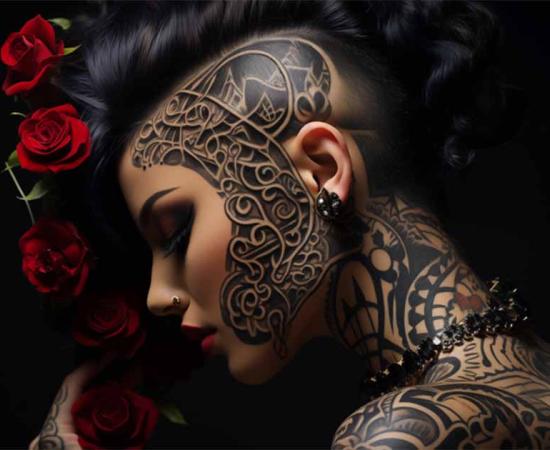 Face of a woman adorned with intricate facial tattoos a blend of traditional and contemporary styles. Source: Old Man Stocker/Adobe Stock           