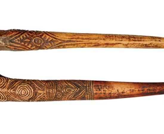 Bone daggers of the Sepik watershed, New Guinea. (a) Human bone dagger attributed to the Upper Sepik River. (b) Cassowary bone dagger attributed to the Abelam people. 