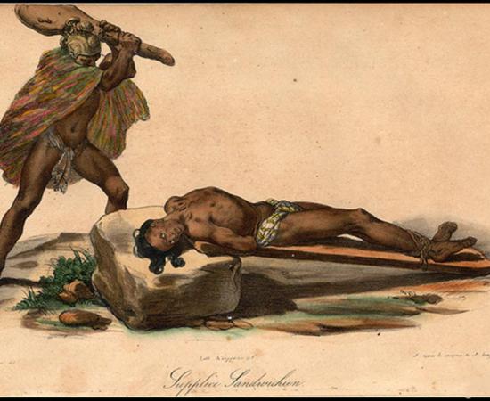 Hawaiian sacrifice, from Jacques Arago's account of Freycinet's travels around the world from 1817 to 1820. 