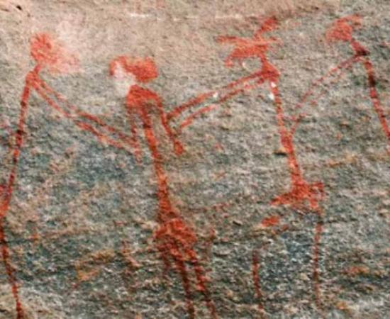 Rock art showing a hunter-gatherer ritual dance; Kondoa, Tanzania. Source: Nick Longrich/The ConversationAnchor