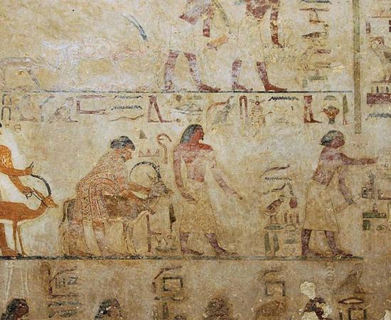 Painting of foreign delegation found at the tomb of Khnumhotep II. This contains a man described a “Abisha the Hyksos”, one of the earliest known uses of the term Hyksos. Source: Public domain