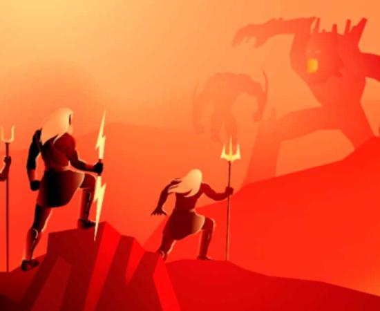 In the wars between the Olympians and the Titans, known as the Titanomachy, Hyperion, the heavenly light, does battle with Zeus, the sky and thunder god. Source: rudall30 / Adobe Stock