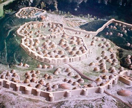 A model of the prehistoric town of Los Millares, with its walls. Andalucia, Spain 