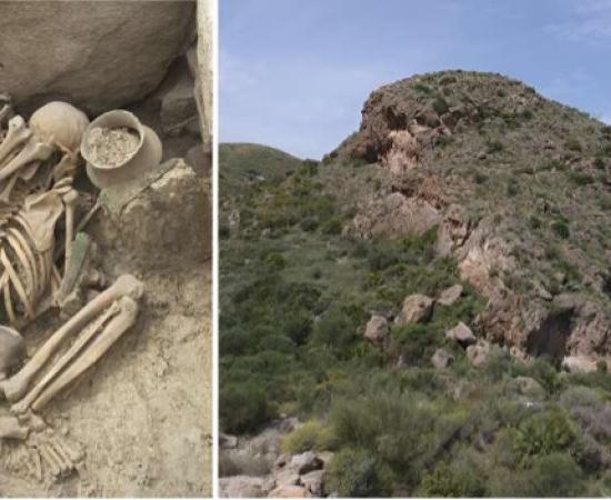 Left; Tomb 80 of La Almoloya (Pliego Murcia). Example of a typical burial from the Argaric Bronze Age. Right; the archaeological site of Gatas (Turre, Almería), where one of the oldest known Argaric tombs was found.