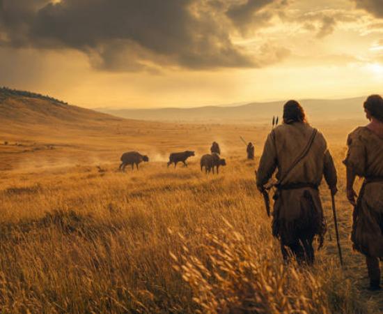 Prehistoric Hunters Sunset Journey Bison Grassland Ancient Spears. (AI generated)