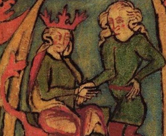 King Haraldr hárfagri receives the kingdom out of his father's hands. From the 14th century Icelandic manuscript Flateyjarbók.