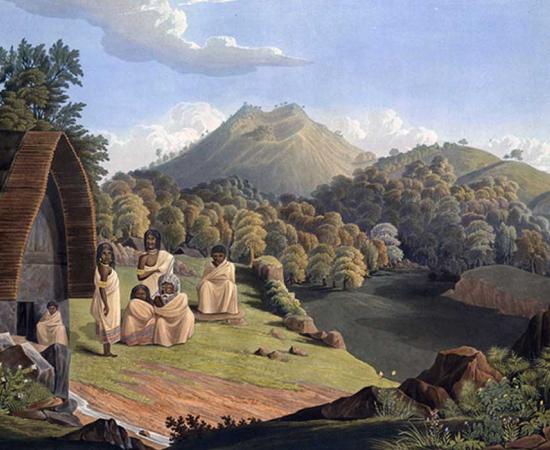 The Toda mund, from Richard Barron, 1837, View in India, chiefly among the Neelgherry Hills
