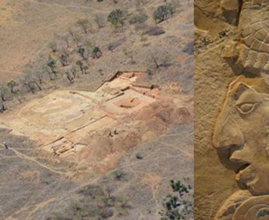 Aerial view of the El Palenque royal palace location. This is the oldest palace uncovered to date in this area of Mexico. Insert: King K'inich Kan Balam II of Palenque, Temple XVII panel. Detail.